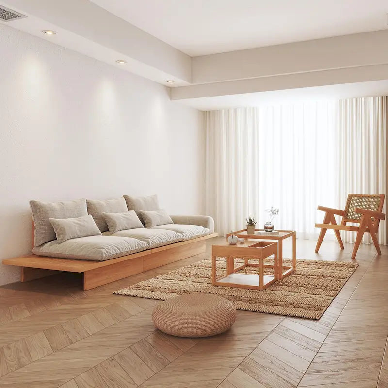 JASIWAY Cotton Line Beige Sofa With Wood Frame