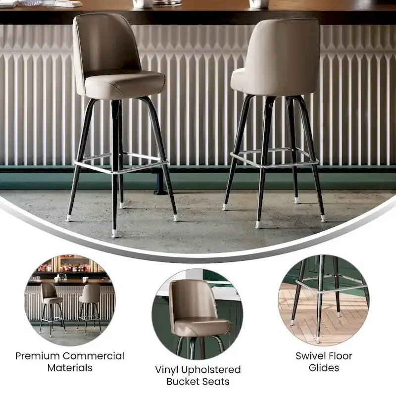 Metal Barstool with Swivel Vinyl Upholstered Bucket Seat and Footrest - 18.5D x 18.5W x 42.5H
