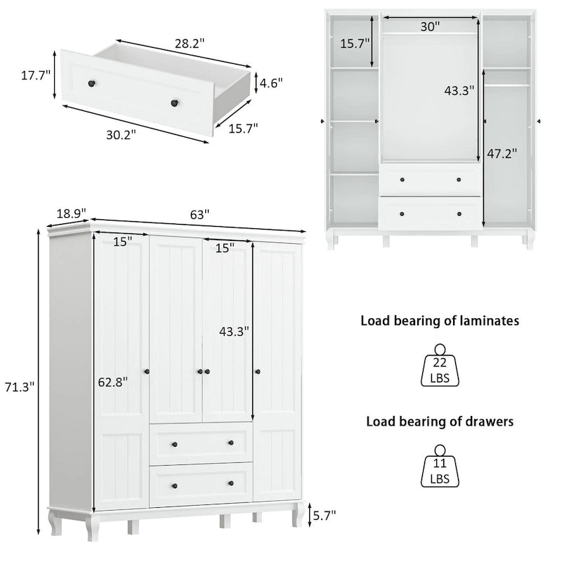 Armoire White Lacquer Wardrobe Engineered Wood for Bedroom