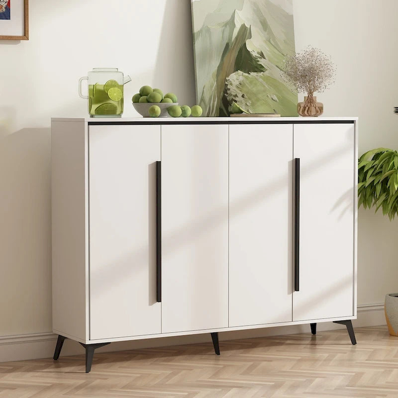4 Door White Entryway Shoes Storage Cabinet Adjustable Shelf Sideboard