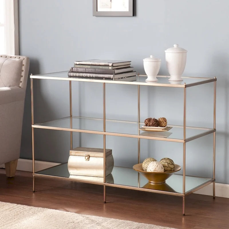 SEI Furniture Grant Modern Metal Console Table with Glass Top and Shelves
