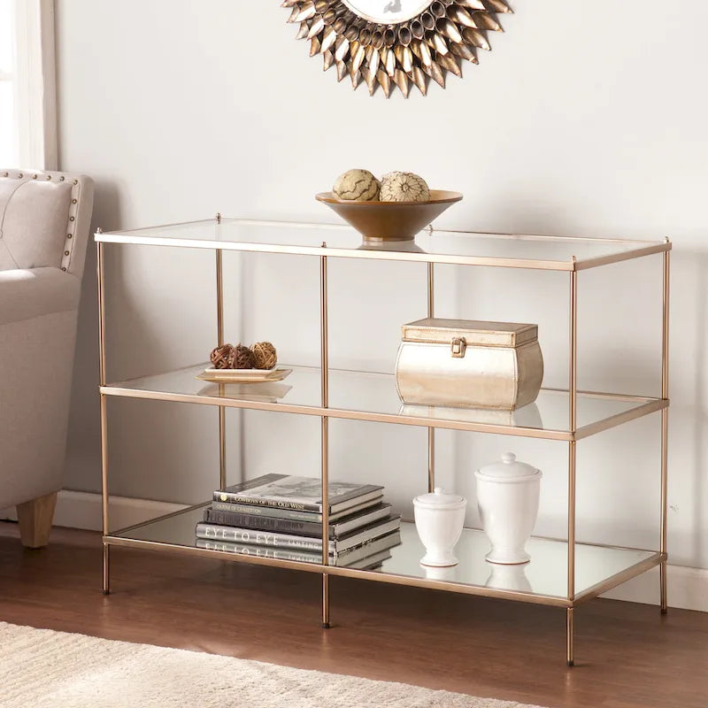 SEI Furniture Grant Modern Metal Console Table with Glass Top and Shelves