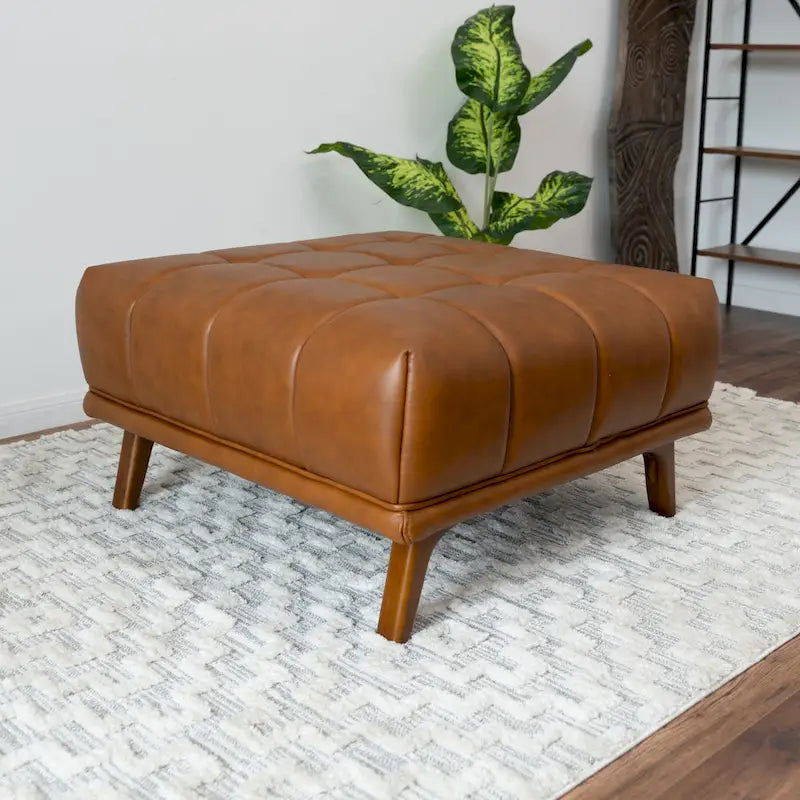 Kameron Mid-Century Tufted Upholstered Tufted Back Leather Ottoman in Tan
