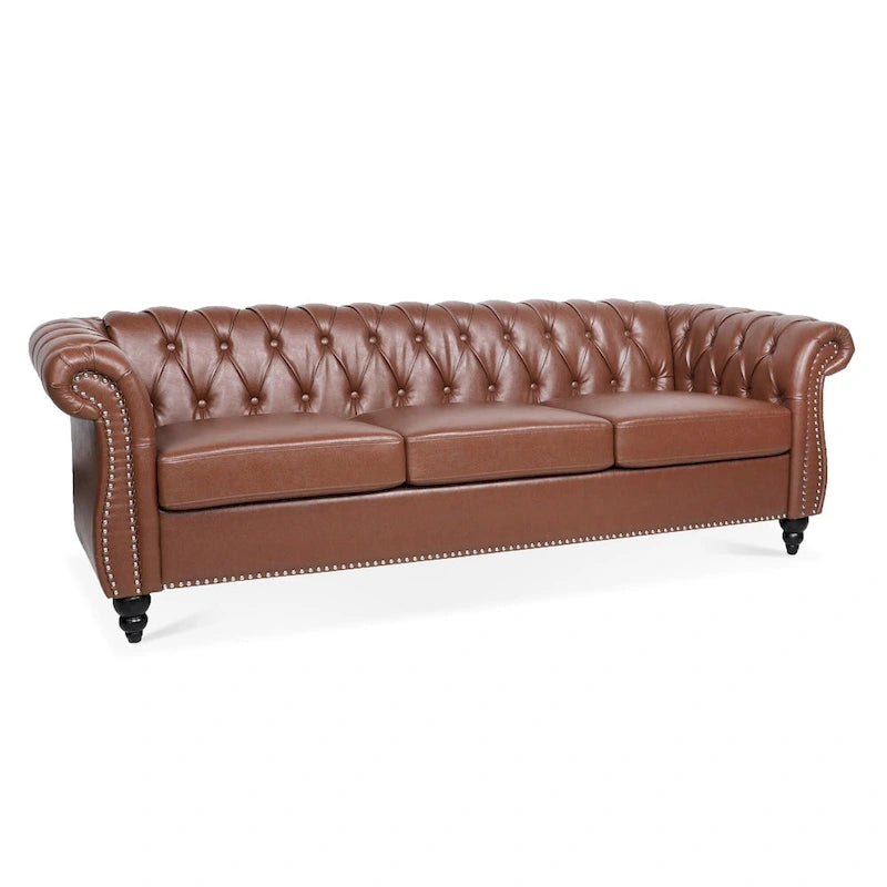 Rolled Arm Faux Leather Chesterfield Sofa with Removable Cushions