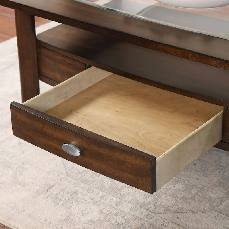 Genoas Traditional Walnut 44-inch 1-Drawer Glass Coffee Table by Furniture of America