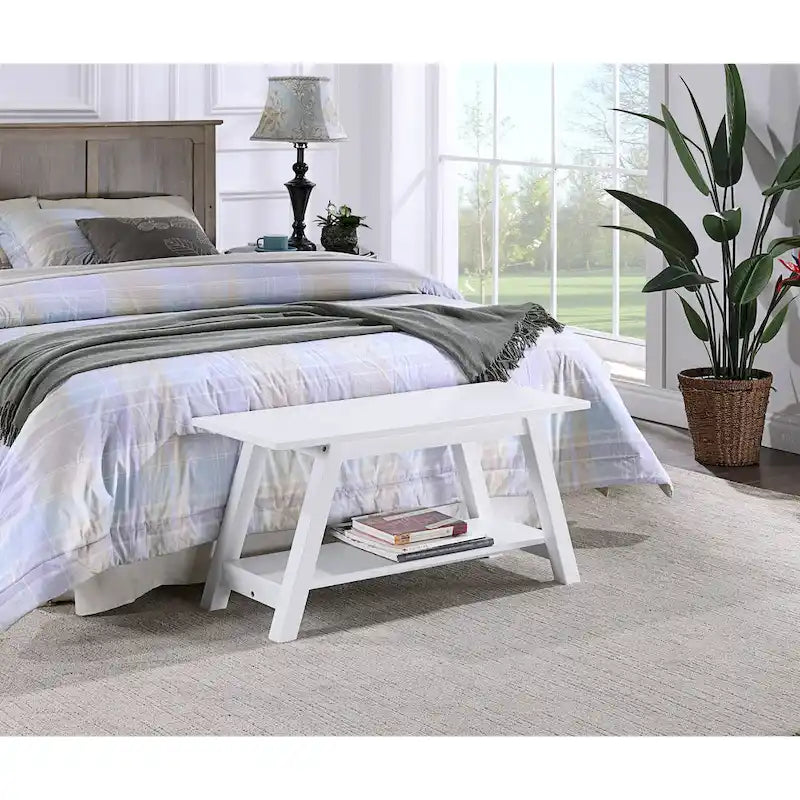 Roundhill Furniture Elyz Solid Wood Bench with Shelf, White