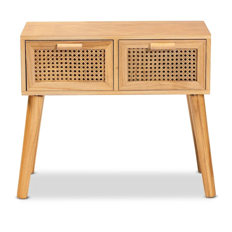 Falan Mid-Century Modern 2-Drawer Wood Console Table with Rattan-Oak