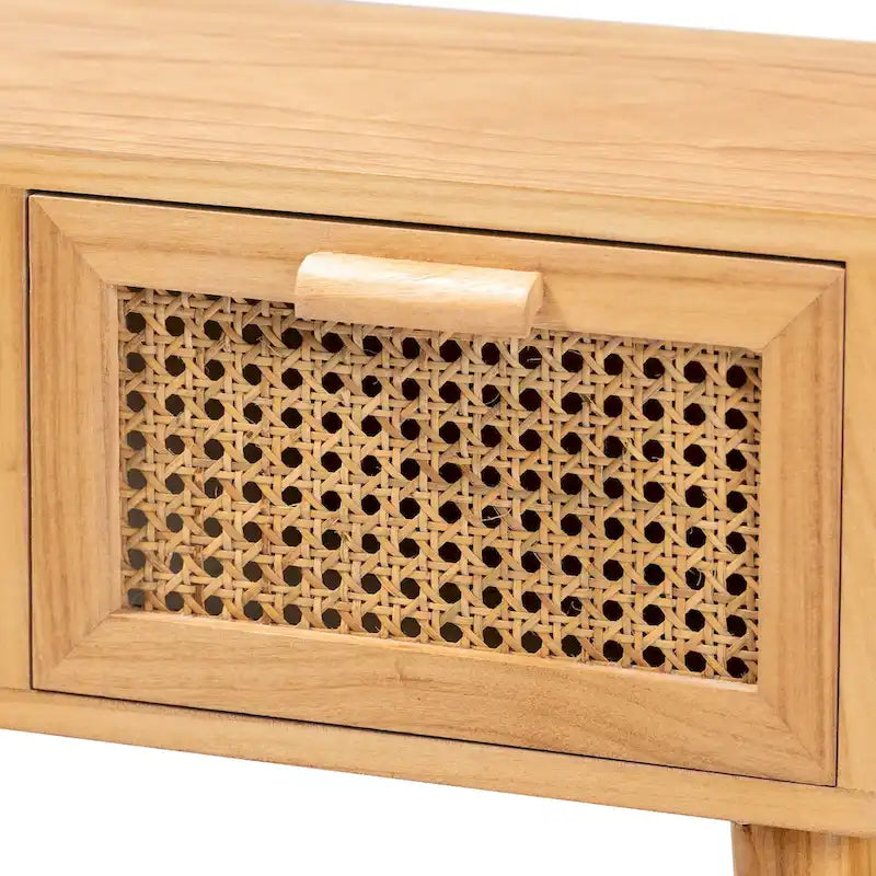 Falan Mid-Century Modern 2-Drawer Wood Console Table with Rattan-Oak