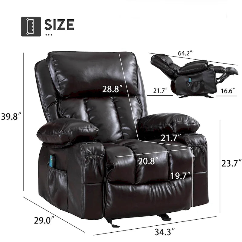 Faux leather Massage Recliner Chair, Rocker Recliner, Heat Function