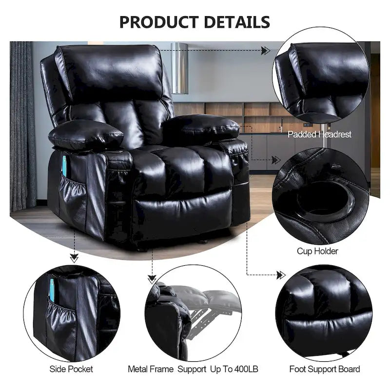 Faux leather Massage Recliner Chair, Rocker Recliner, Heat Function