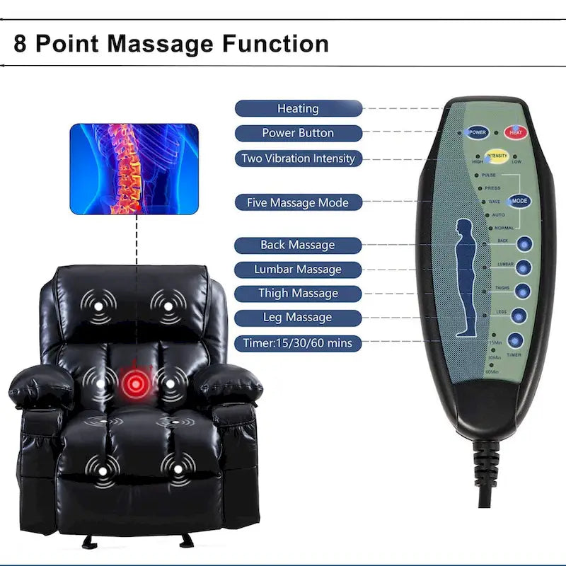 Faux leather Massage Recliner Chair, Rocker Recliner, Heat Function