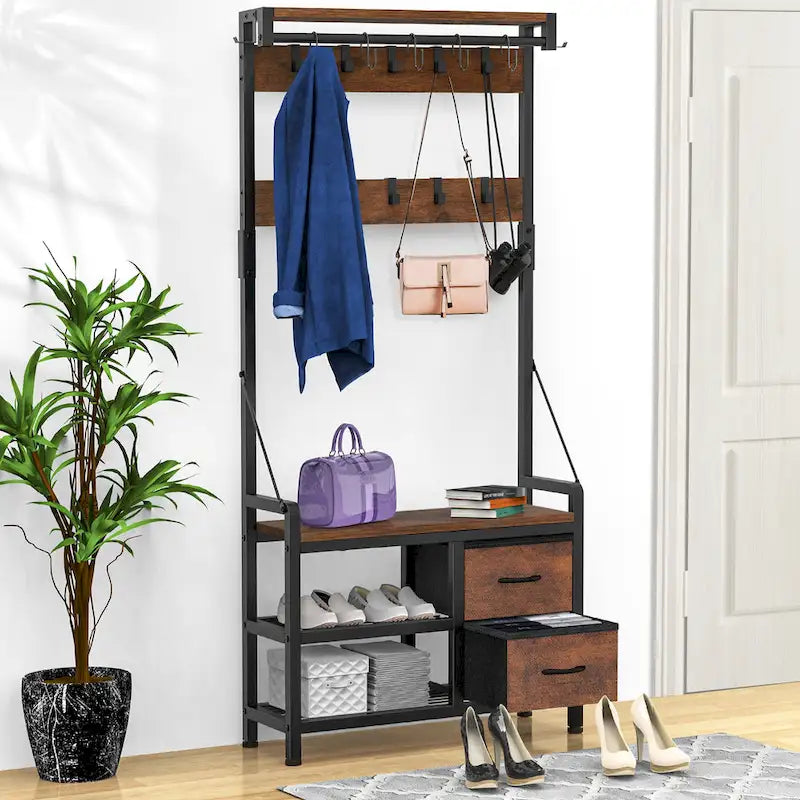 Hall Tree with Bench, Can Divided into freestanding Shoe Bench and Wall Rack