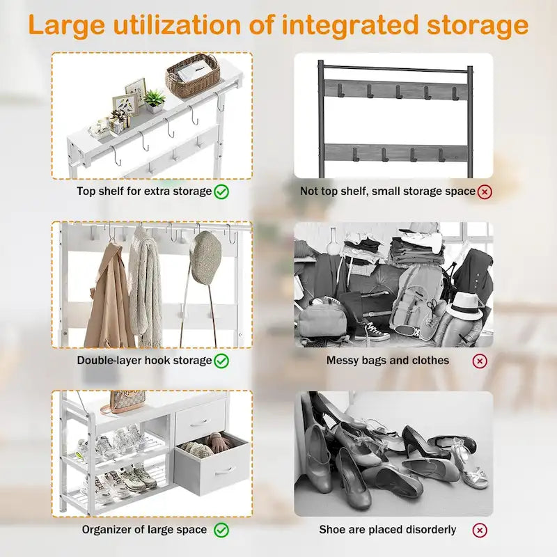 Hall Tree with Bench, Can Divided into freestanding Shoe Bench and Wall Rack