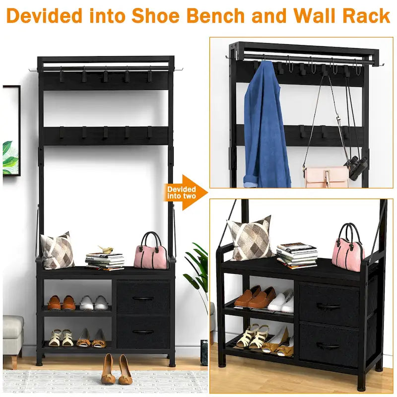 Hall Tree with Bench, Can Divided into freestanding Shoe Bench and Wall Rack