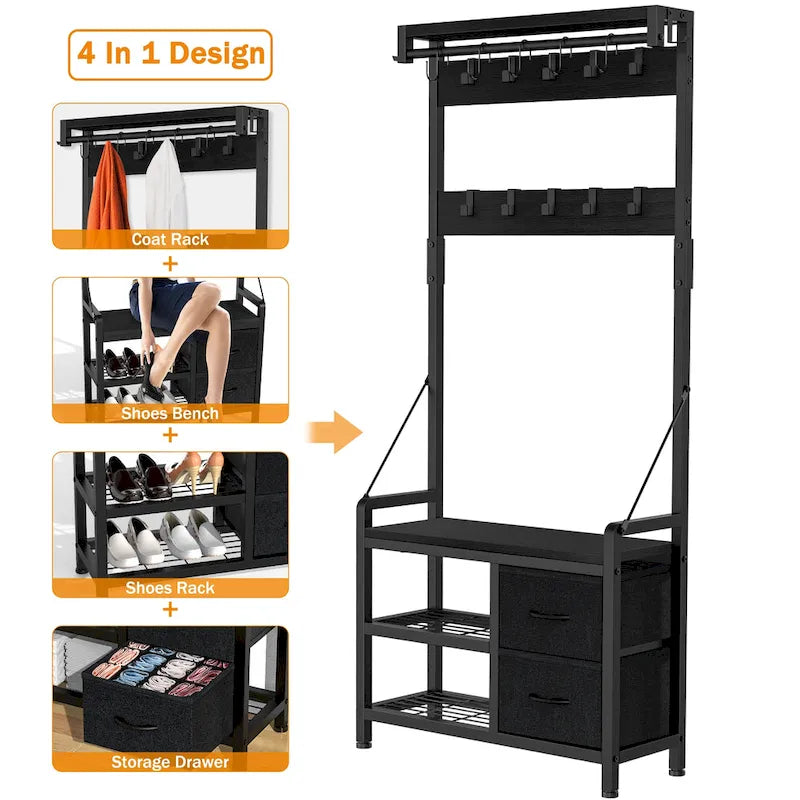 Hall Tree with Bench, Can Divided into freestanding Shoe Bench and Wall Rack