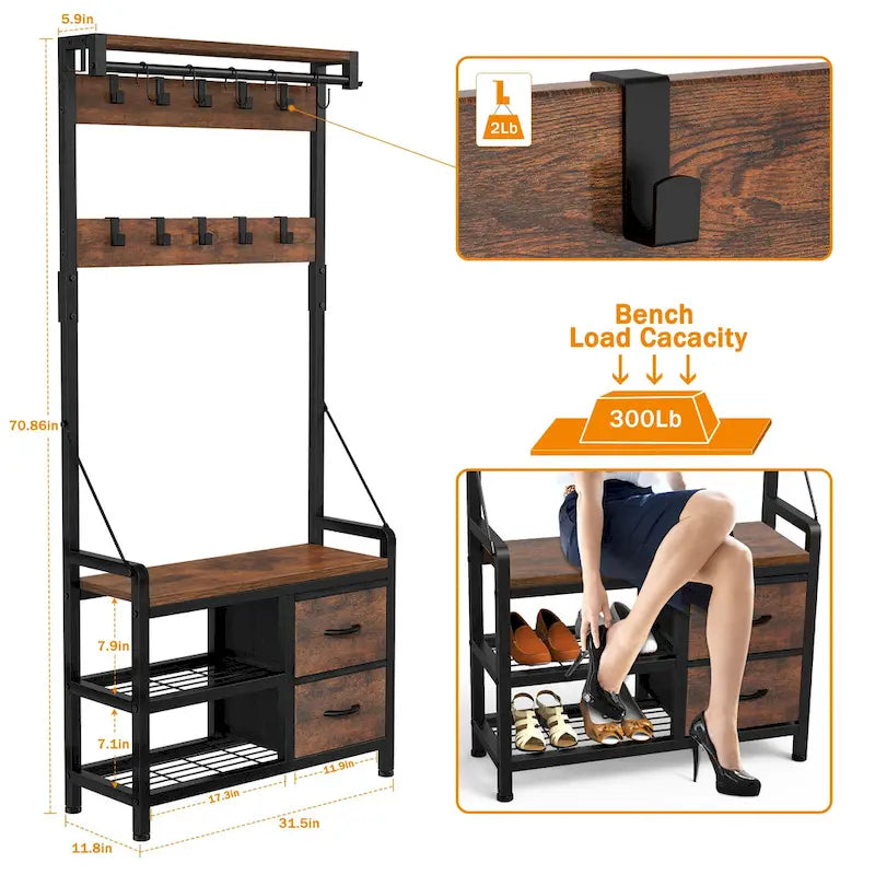 Hall Tree with Bench, Can Divided into freestanding Shoe Bench and Wall Rack