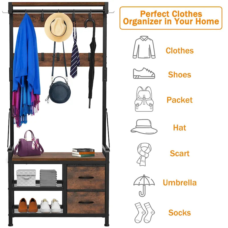 Hall Tree with Bench, Can Divided into freestanding Shoe Bench and Wall Rack