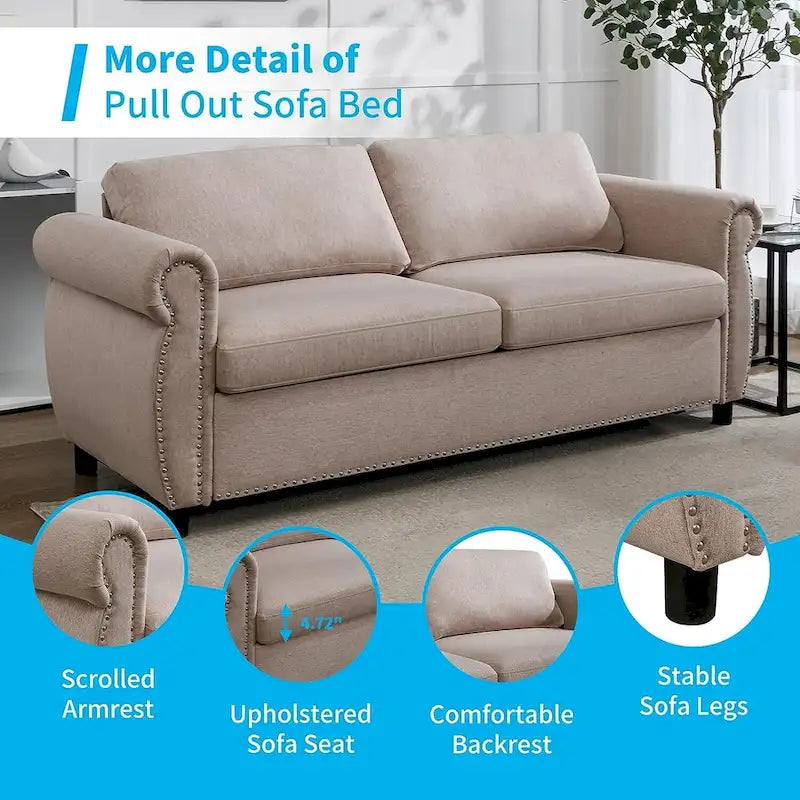 Mixoy Pull Out 2 in 1 Sleeper Sofa Bed with Mattress,Convertible Upholstered Loveseat with Nailhead