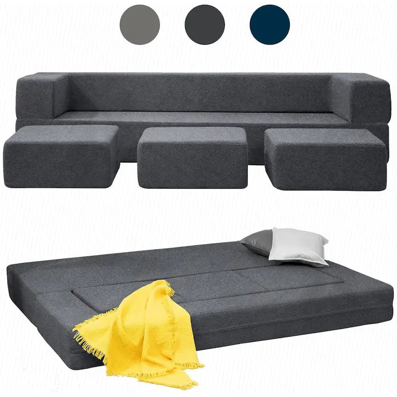 Mixoy Queen Convertible Velvet Futon Sofa Bed with 3 Ottomans,Memory Foam,Foldable Mattress Floor Couch Sofa