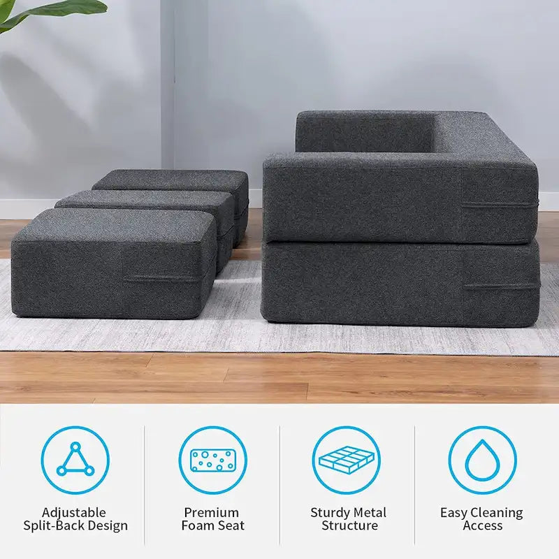 Mixoy Queen Convertible Velvet Futon Sofa Bed with 3 Ottomans,Memory Foam,Foldable Mattress Floor Couch Sofa