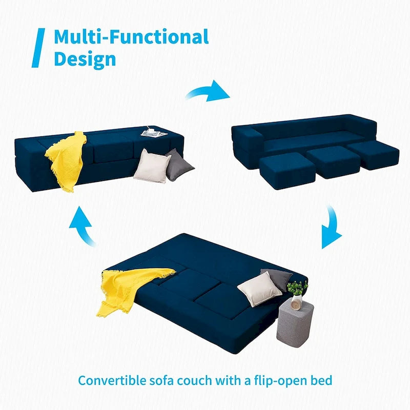 Mixoy Queen Convertible Velvet Futon Sofa Bed with 3 Ottomans,Memory Foam,Foldable Mattress Floor Couch Sofa