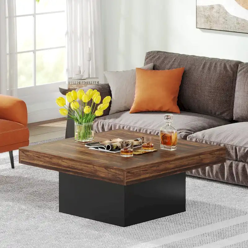 Farmhouse Coffee Table Square LED Coffee Table Engineered Wood Coffee Table