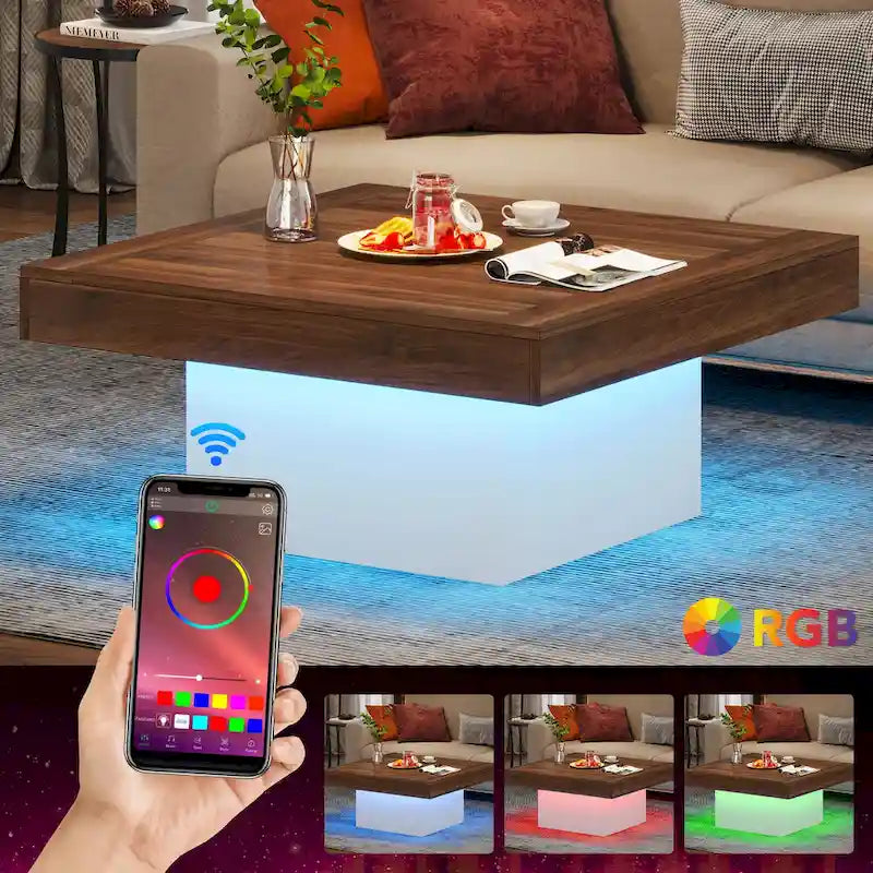 Farmhouse Coffee Table Square LED Coffee Table Engineered Wood Coffee Table