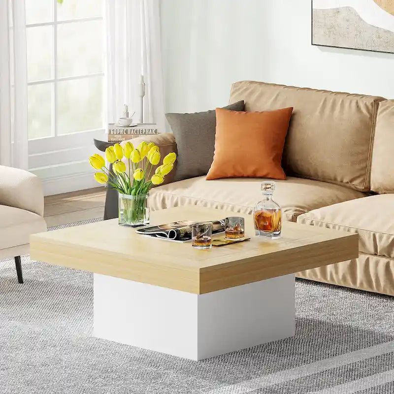 Farmhouse Coffee Table Square LED Coffee Table Engineered Wood Coffee Table