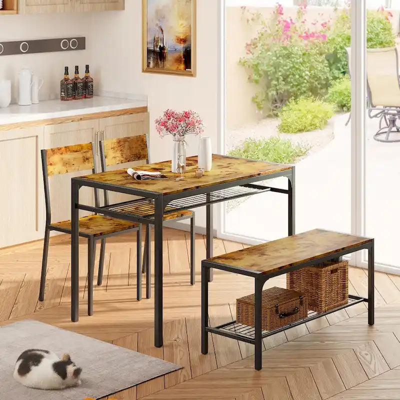 4 Piece Kitchen Dining Table with 2 Chair and Bench for Small Space