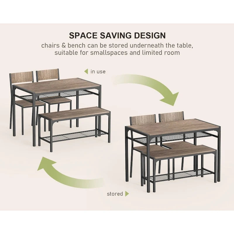 4 Piece Kitchen Dining Table with 2 Chair and Bench for Small Space