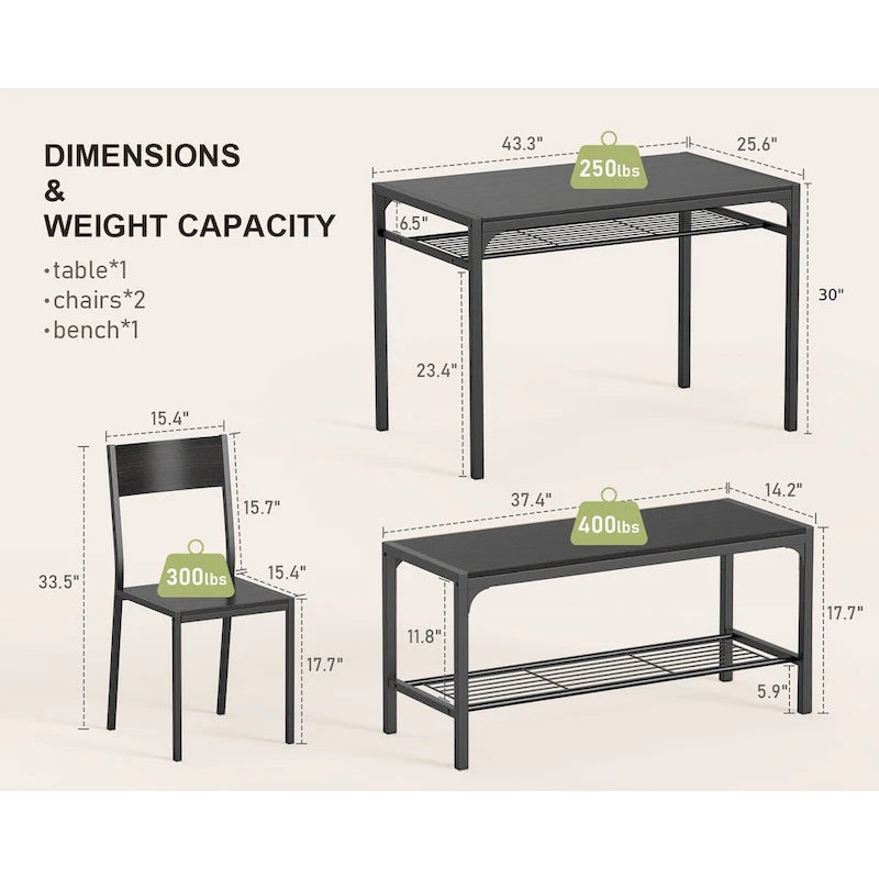 4 Piece Kitchen Dining Table with 2 Chair and Bench for Small Space