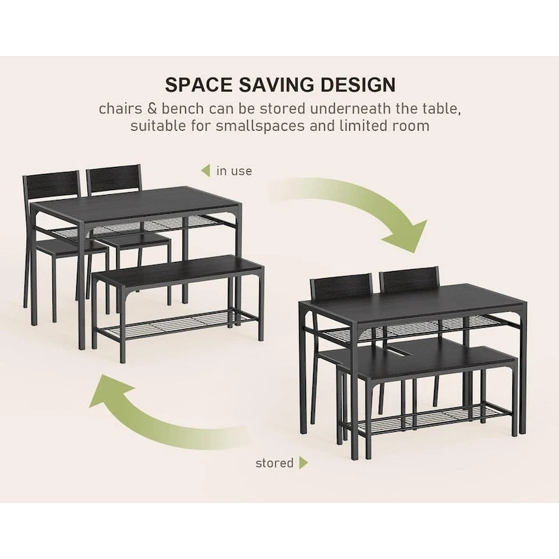 4 Piece Kitchen Dining Table with 2 Chair and Bench for Small Space