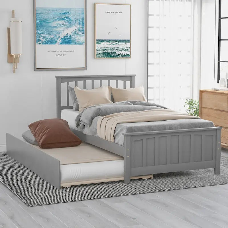 Nestfair Twin Size Wooden Platform Bed with Trundle