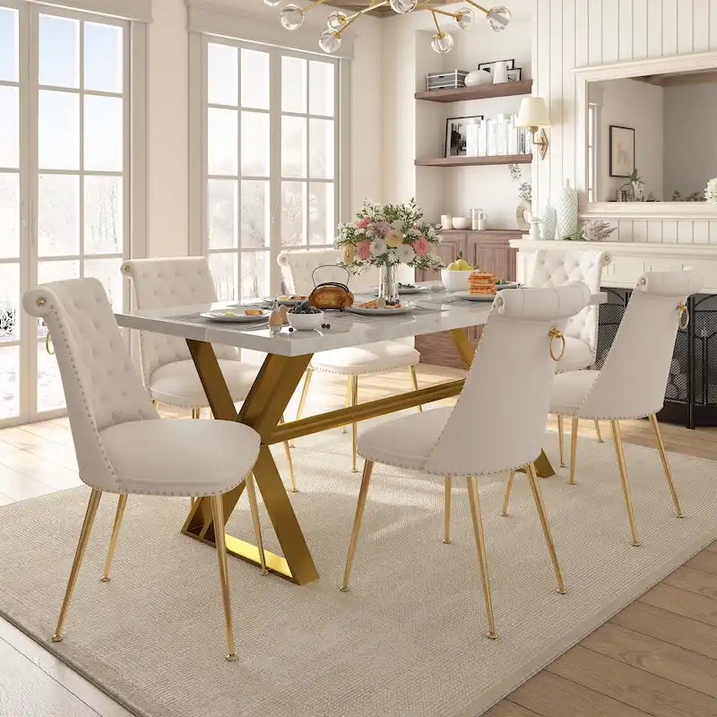 7-Piece Clihome Marble Dining Table with Velvet Chair Dining Chair