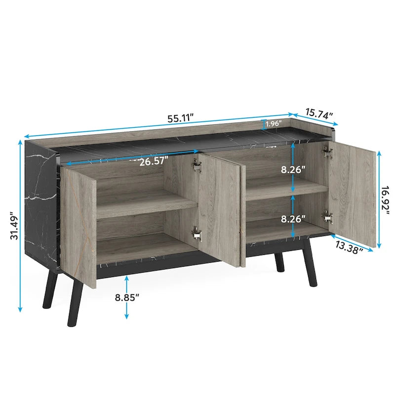 55 Black Buffet Cabinet Kitchen Sideboard Storage Cabinet with Storage