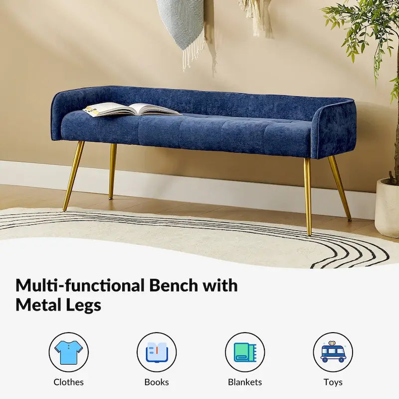Luis Modern Upholstered Low Back Bench with Sturdy Golden Metal Tapered Leg by HULALA HOME