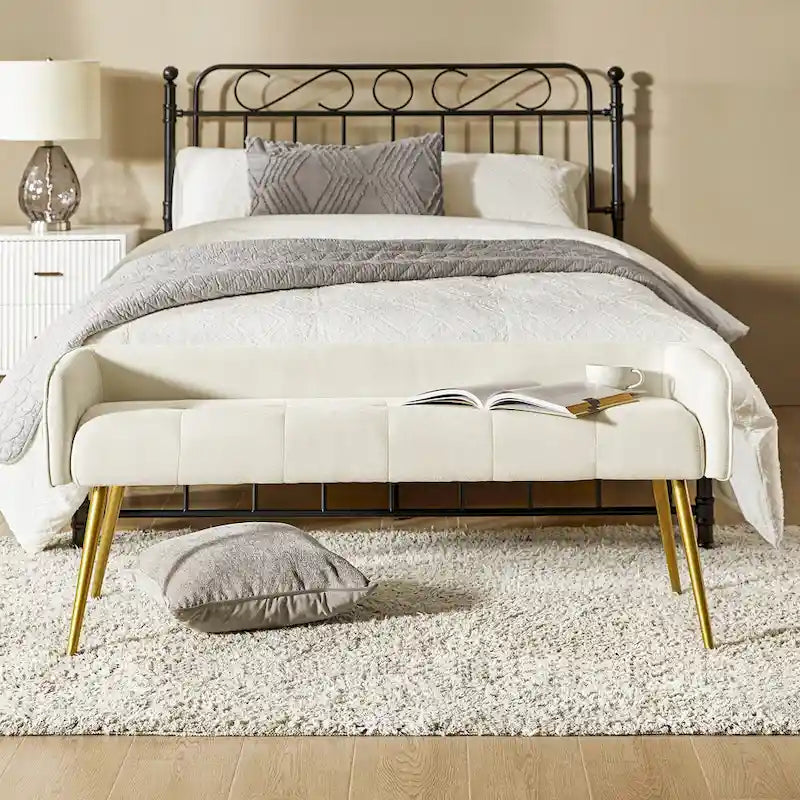 Luis Modern Upholstered Low Back Bench with Sturdy Golden Metal Tapered Leg by HULALA HOME