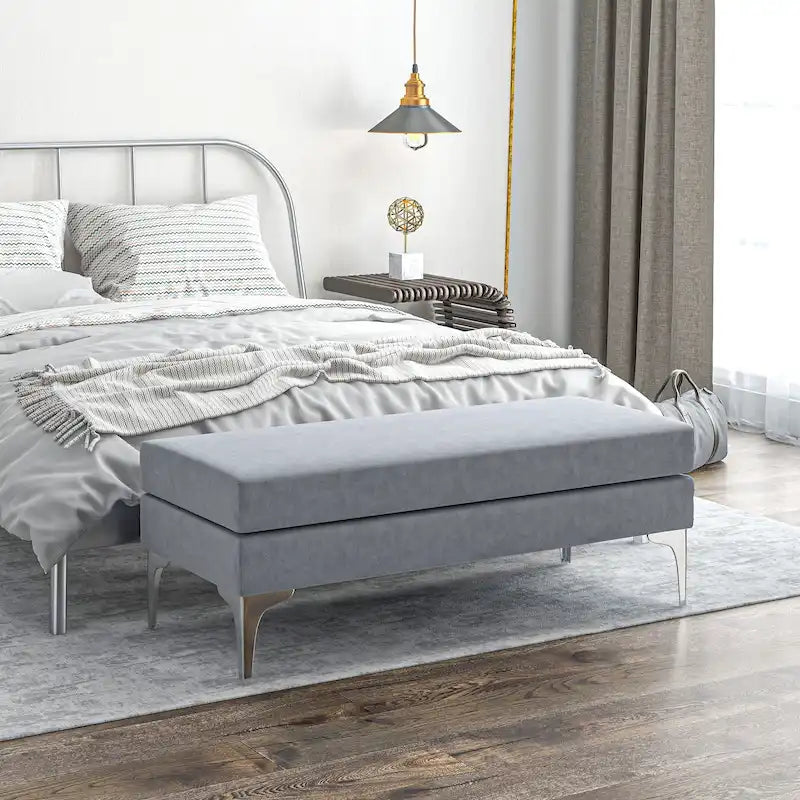 HOMCOM 48 End of Bed Bench, Upholstered Entryway Bench with Double Layer Seat Cushions and Steel Legs, Bedroom Bench, Dark Gray