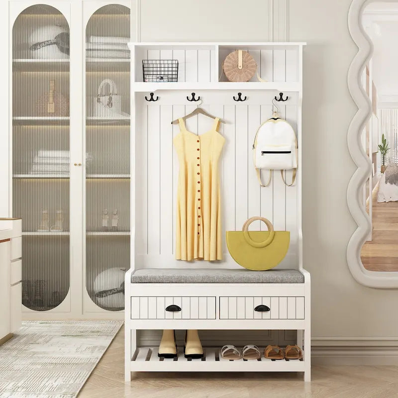 68.5H Hall Tree with Bench and Shoe Storage White/Black/Grey