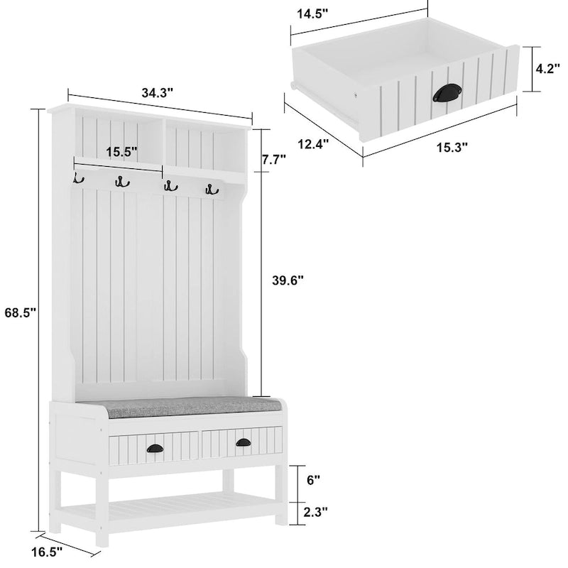 68.5H Hall Tree with Bench and Shoe Storage White/Black/Grey