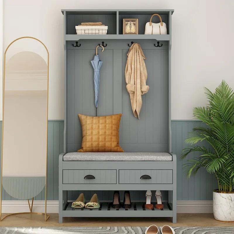 68.5H Hall Tree with Bench and Shoe Storage White/Black/Grey