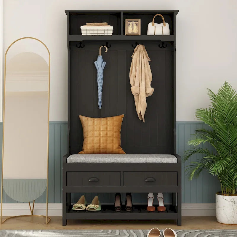 68.5H Hall Tree with Bench and Shoe Storage White/Black/Grey