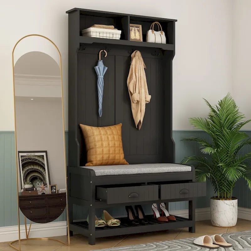 68.5H Hall Tree with Bench and Shoe Storage White/Black/Grey