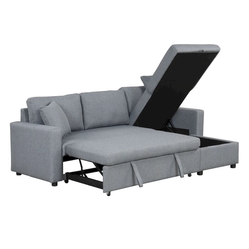 Upholstery Sleeper Sectional Sofa Grey with Storage Space, 2 Tossing Cushions