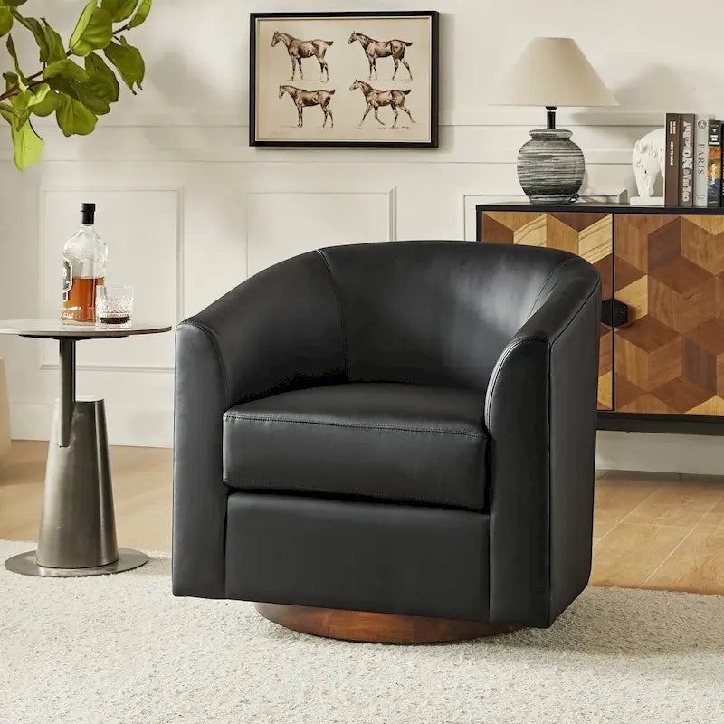 Haley Modern Swivel Barrel Faux Leather Chair with Solid Wood Base by HULALA HOME
