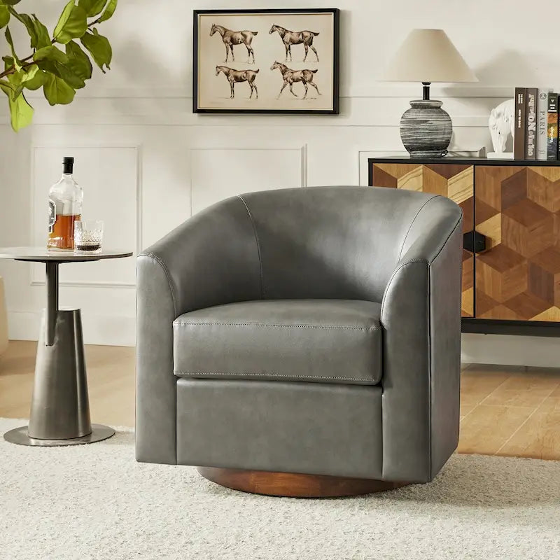 Haley Modern Swivel Barrel Faux Leather Chair with Solid Wood Base by HULALA HOME