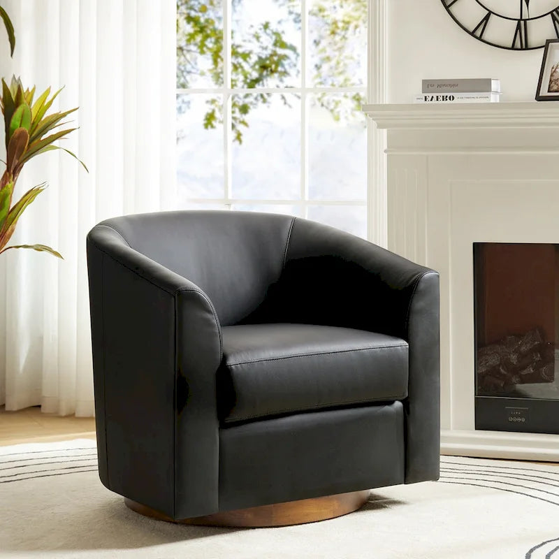 Haley Modern Swivel Barrel Faux Leather Chair with Solid Wood Base by HULALA HOME