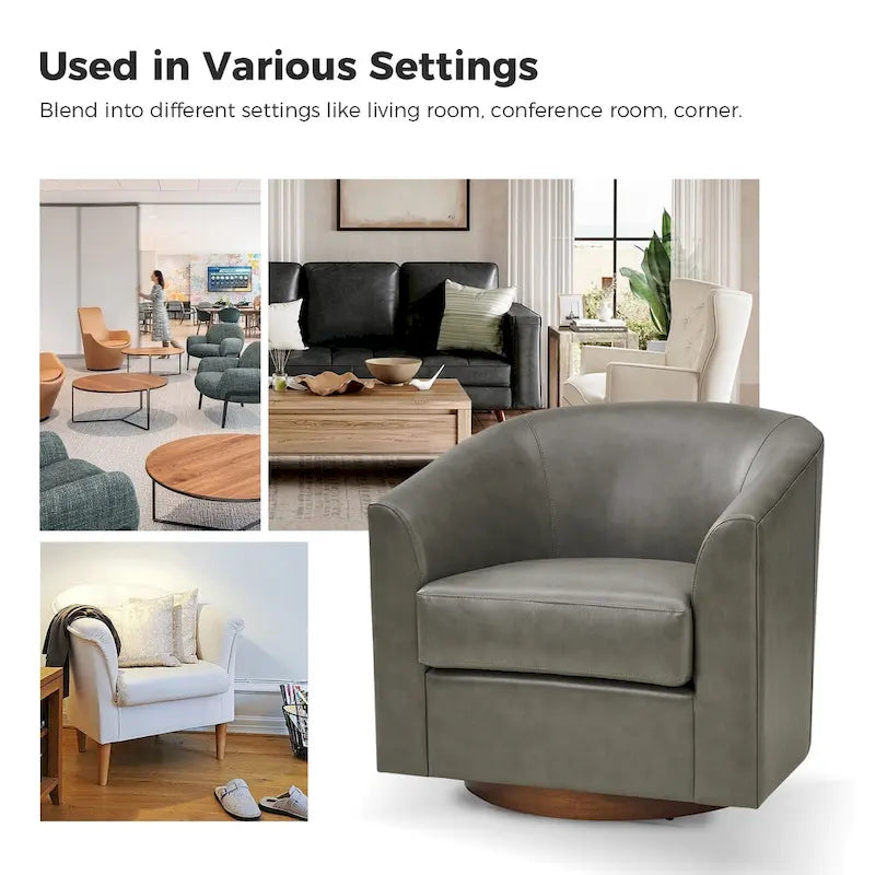 Haley Modern Swivel Barrel Faux Leather Chair with Solid Wood Base by HULALA HOME