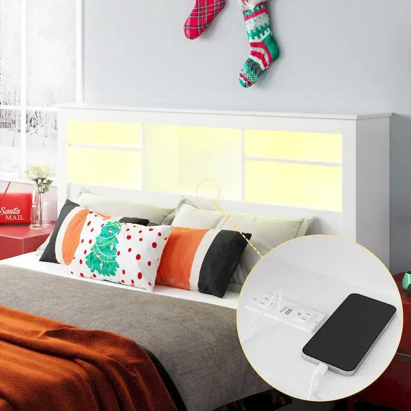 Queen Size Bookcase Headboard With A Hole For Passing Cords & Lights