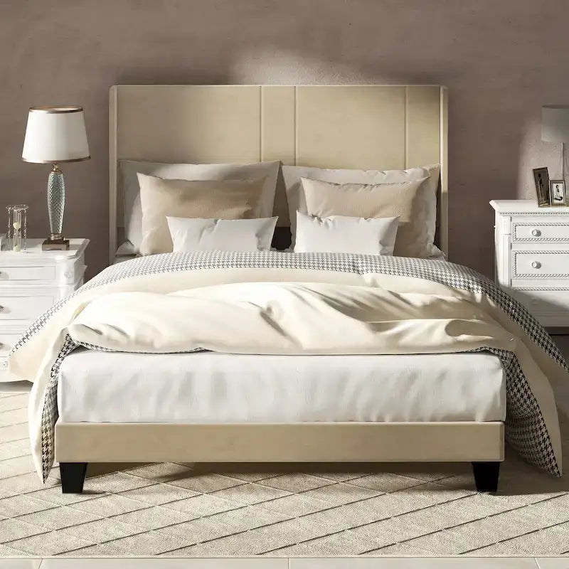 Queen Upholstered Bed Frame with Beige Velvet Headboard and Wingback